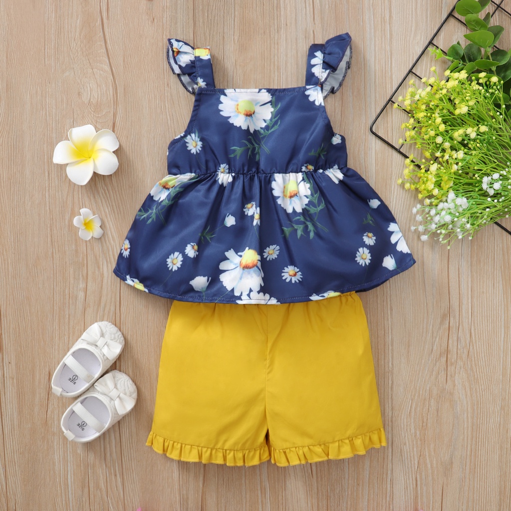 Set áo tay cánh tiên họa tiết hoa + quần ngắn dễ thương MIKRDOO thời trang mùa hè dành cho bé gái