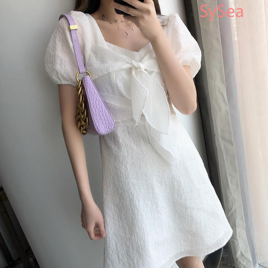 Women Sweet Short Sleeve Dress Bow Knot Summer Dresses