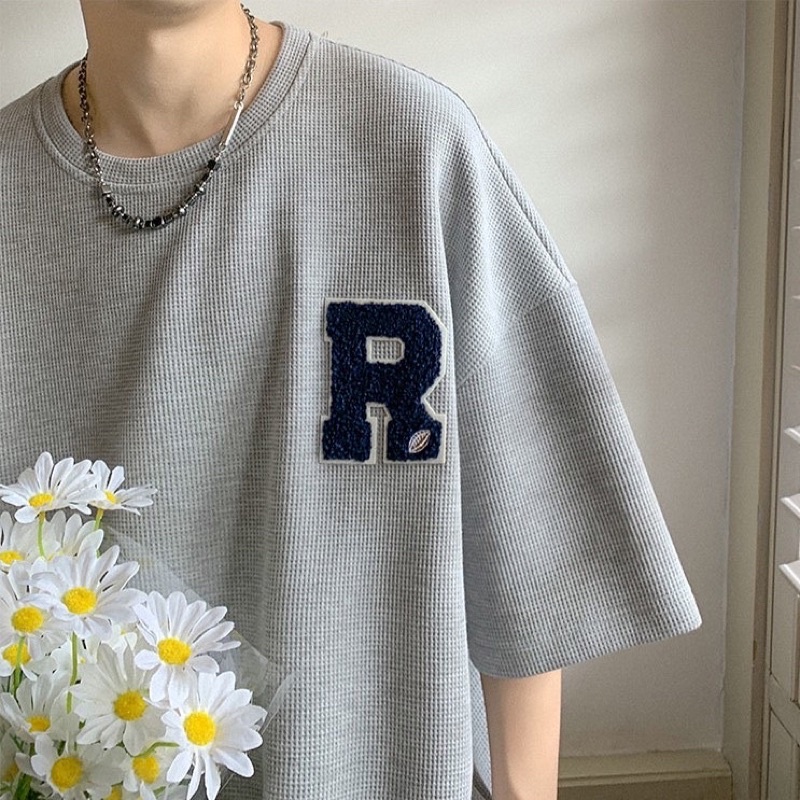 Áo thun unisex,thiết kế tay lỡ dáng rộng thêu xù chữ R 3 màu