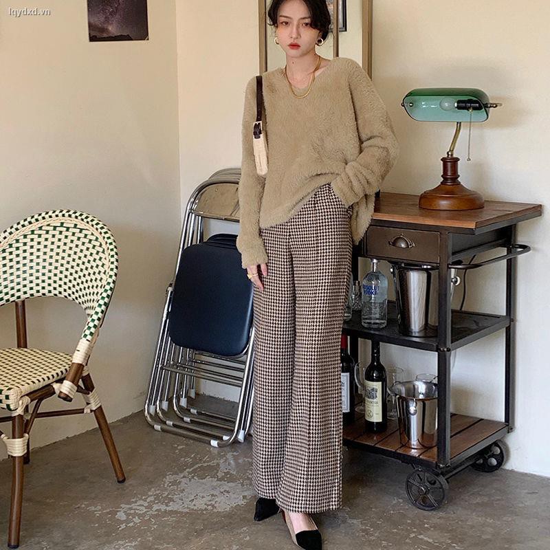 Quần ống rộng họa tiết kẻ sọc ca rô phong cách cổ điển thời trang cho nữ