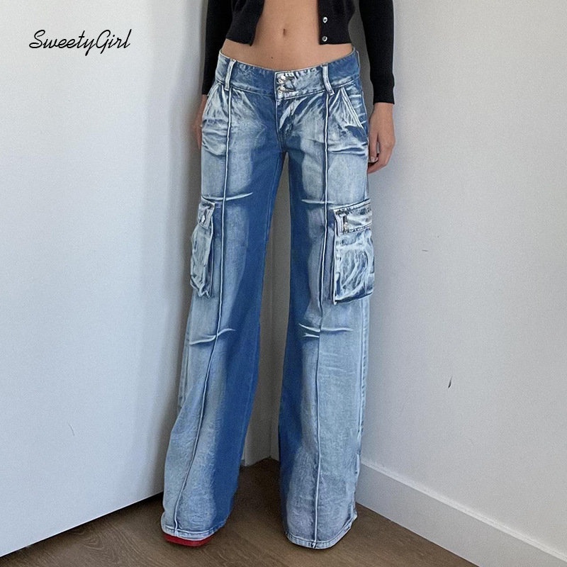 Quần Jeans Denim Lưng Thấp Dáng Rộng Phối Túi Phong Cách Retro Thời Trang 2022 Dành Cho Nữ