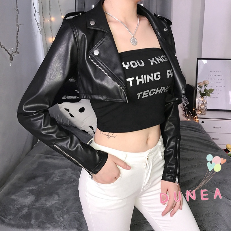 DUNEA Áo khoác da PU lửng dài tay có dây kéo thời trang đường phố cho nữ
