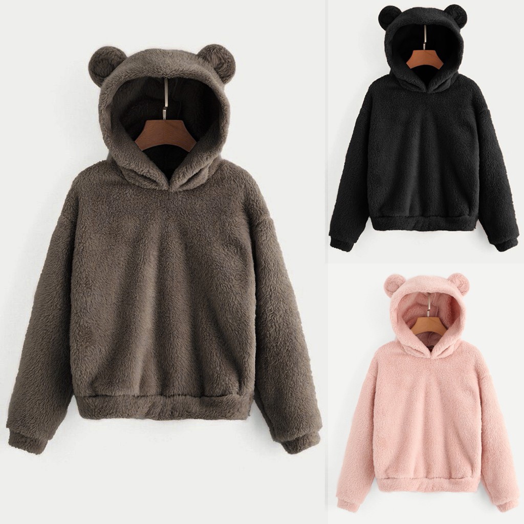 Áo hoodie lông cừu tay dài thiết kế mũ trùm hình tai gấu đáng yêu