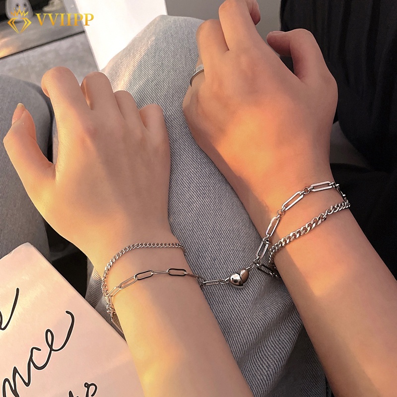 Vòng Tay Hai Lớp Hình Trái Tim Có Từ Tính Phong Cách Hàn Quốc Cho Cặp Đôi