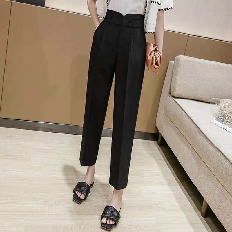 Quần baggy công sở kèm dây lưng vải cạp cao cách điệu cao cấp