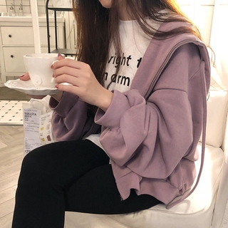 Áo Hoodie Tay Dài Màu Trơn Dáng Rộng Lót Lông Cừu Siêu Hot Cho Nữ Z