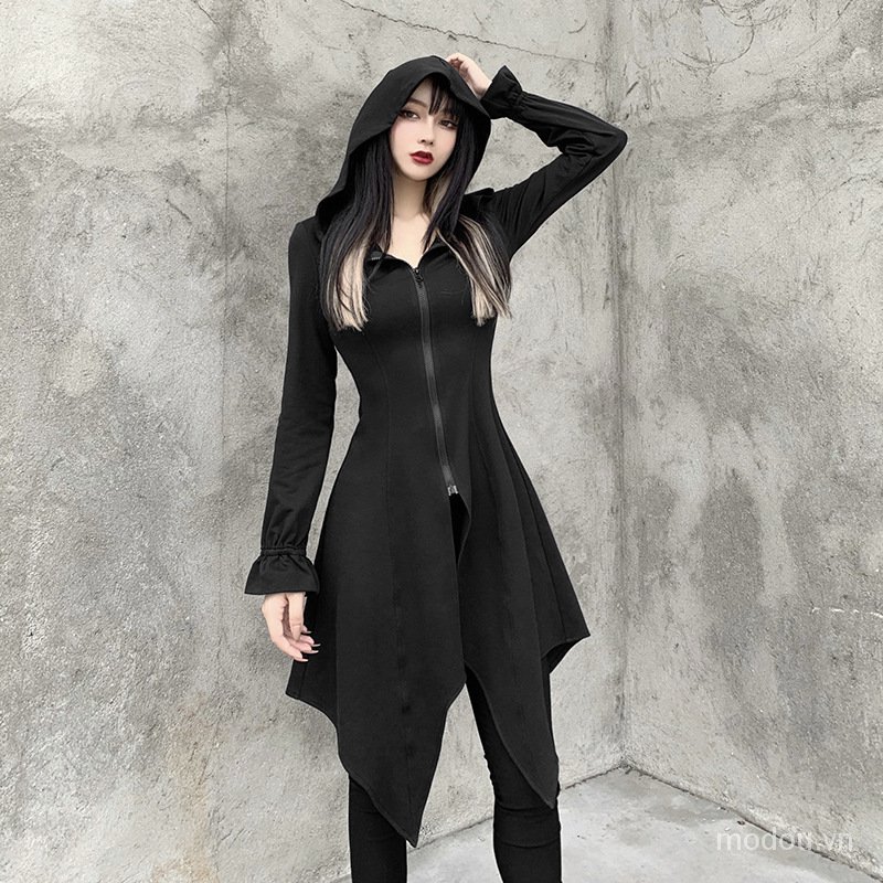 Áo hoodie thiết kế dáng đầm có khóa kéo màu đen trơn thời trang dành cho nữ