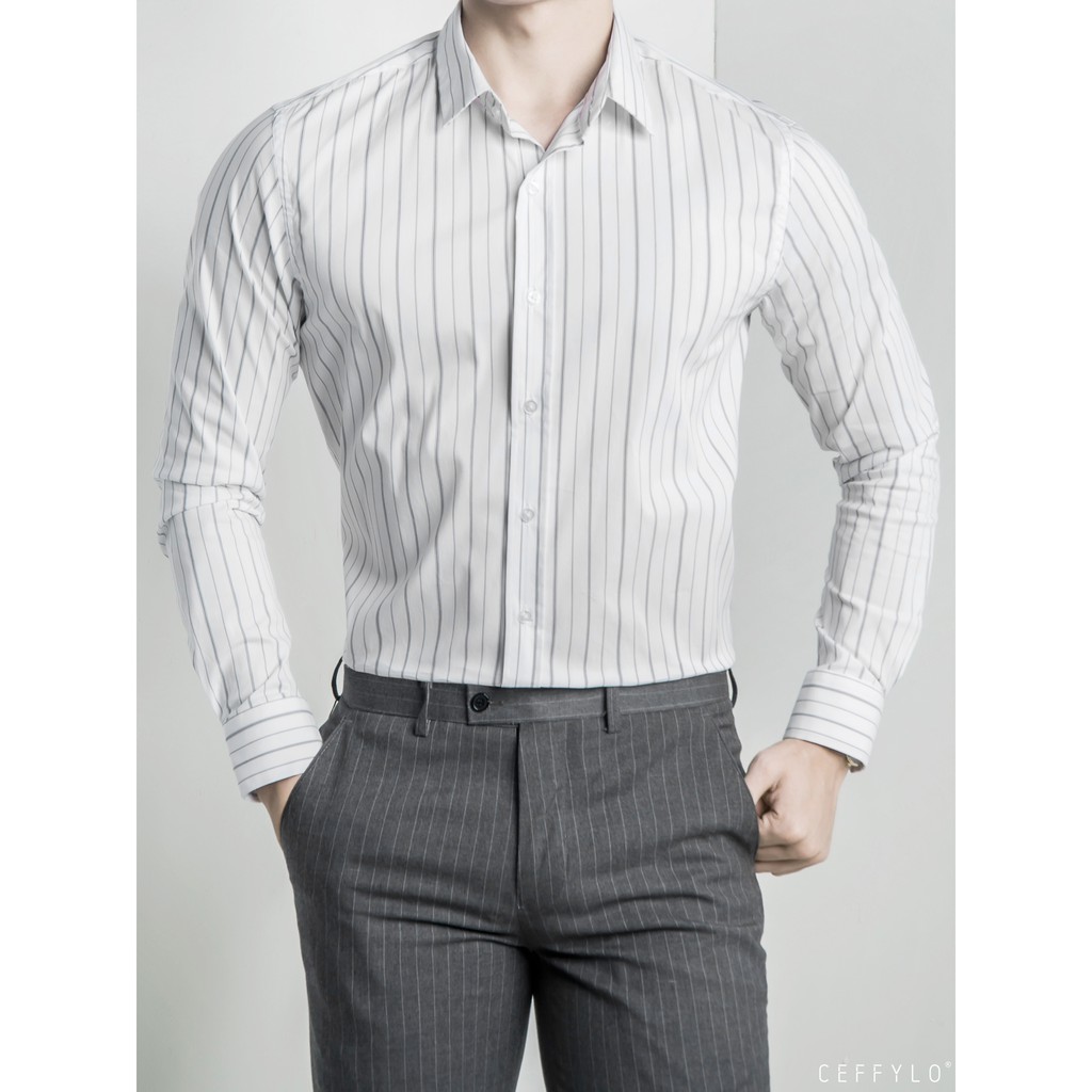 Áo Sơ Mi Nam Họa Tiết Kẻ Sọc Đen CEFFYLO 2, Vải Cotton Mềm Mịn, Form Chuẩn | BigBuy360 - bigbuy360.vn