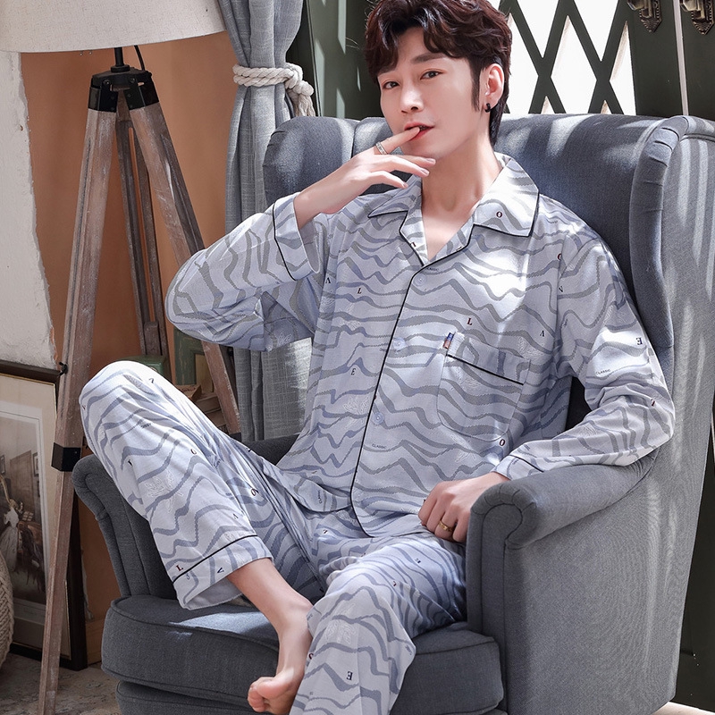 Bộ đồ ngủ cotton dài tay phong cách Hàn Quốc cho nam