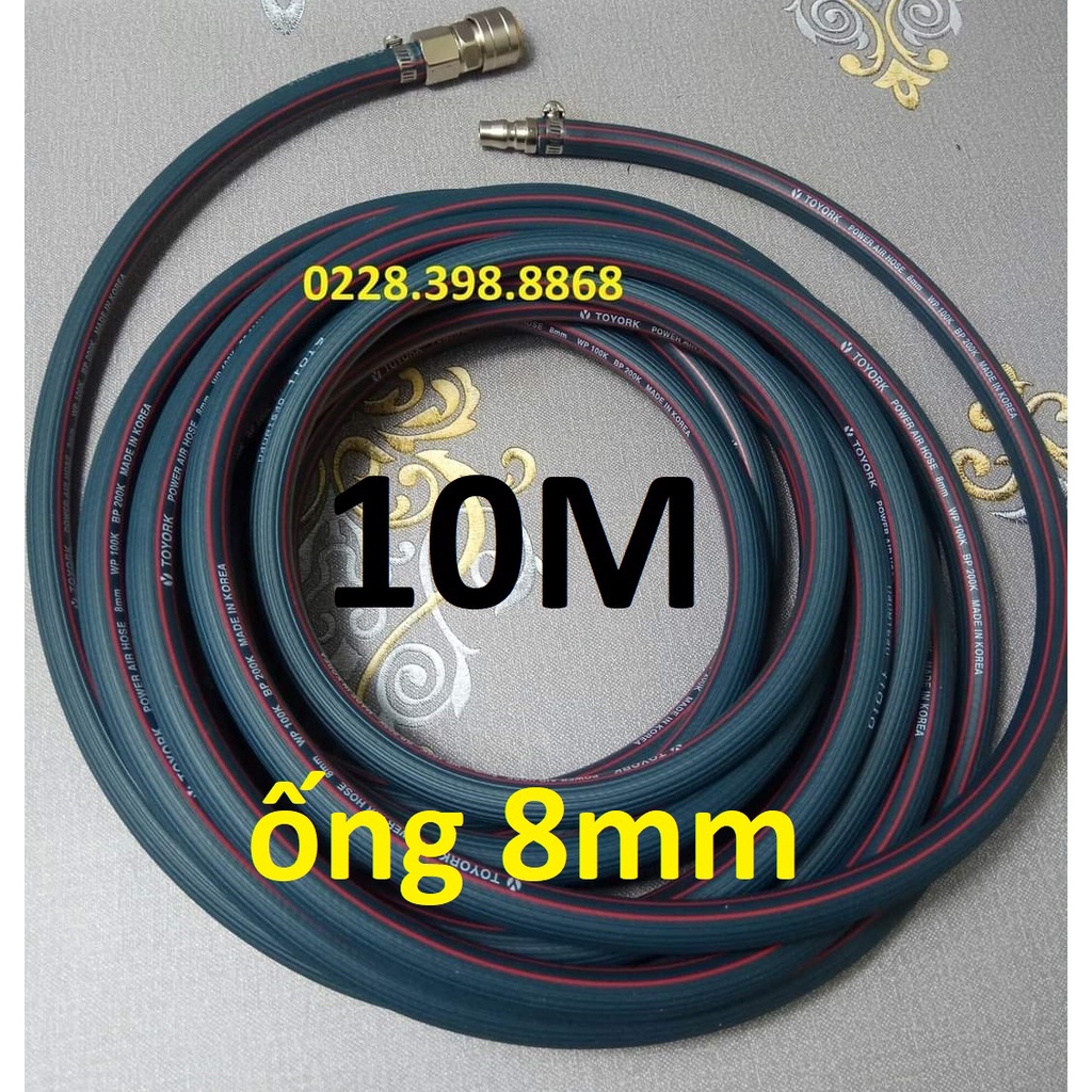 Dây hơi cao su bố vải 10m, made in Korea, lỗ 8mm, kèm bộ đầu nối nhanh cao cấp (SS1983) (SS6704)