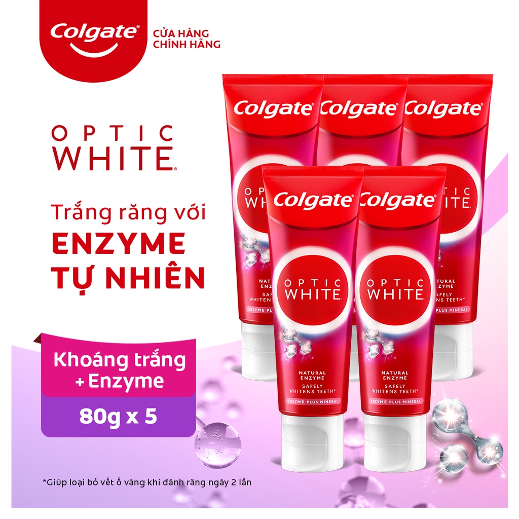 Bộ 5 Kem Đánh Răng Colgate trắng răng Optic White hương đào từ enzyme tự