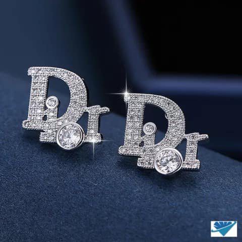 Bông tai bạc ta chốt thẳng chữ di - or gắn đá sang chảnh - khuyên bạc Bibi