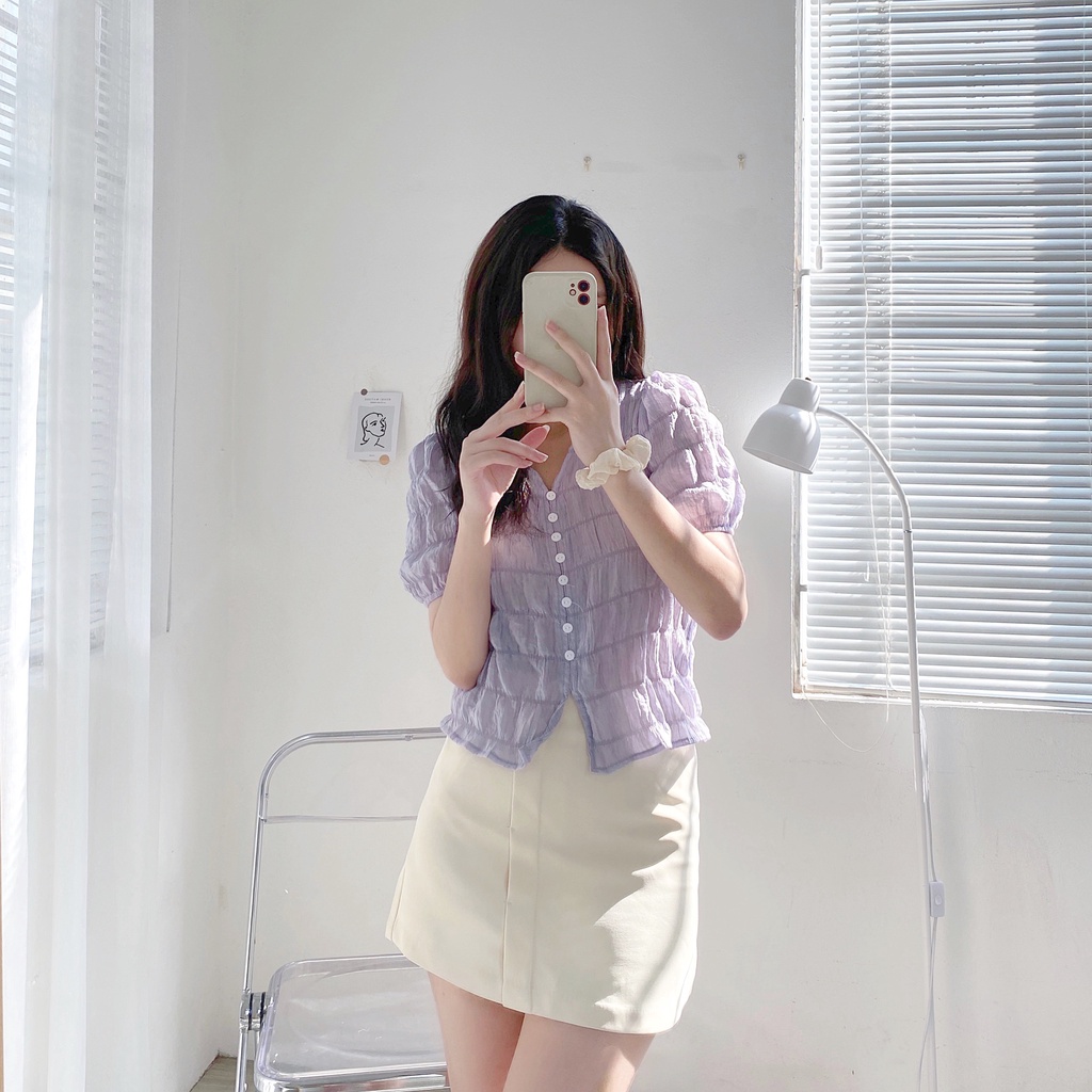 Áo cộc tay nữ phối cúc chất xốp nhăn AoxopcoV3002