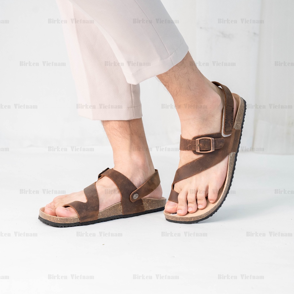 [ New Style ] MÃ DK20 Sandal DA BÒ Đế Trấu Lót PU Chống Nước Quai Chéo Tách Ngón Unisex Birken Vietnam Bioline