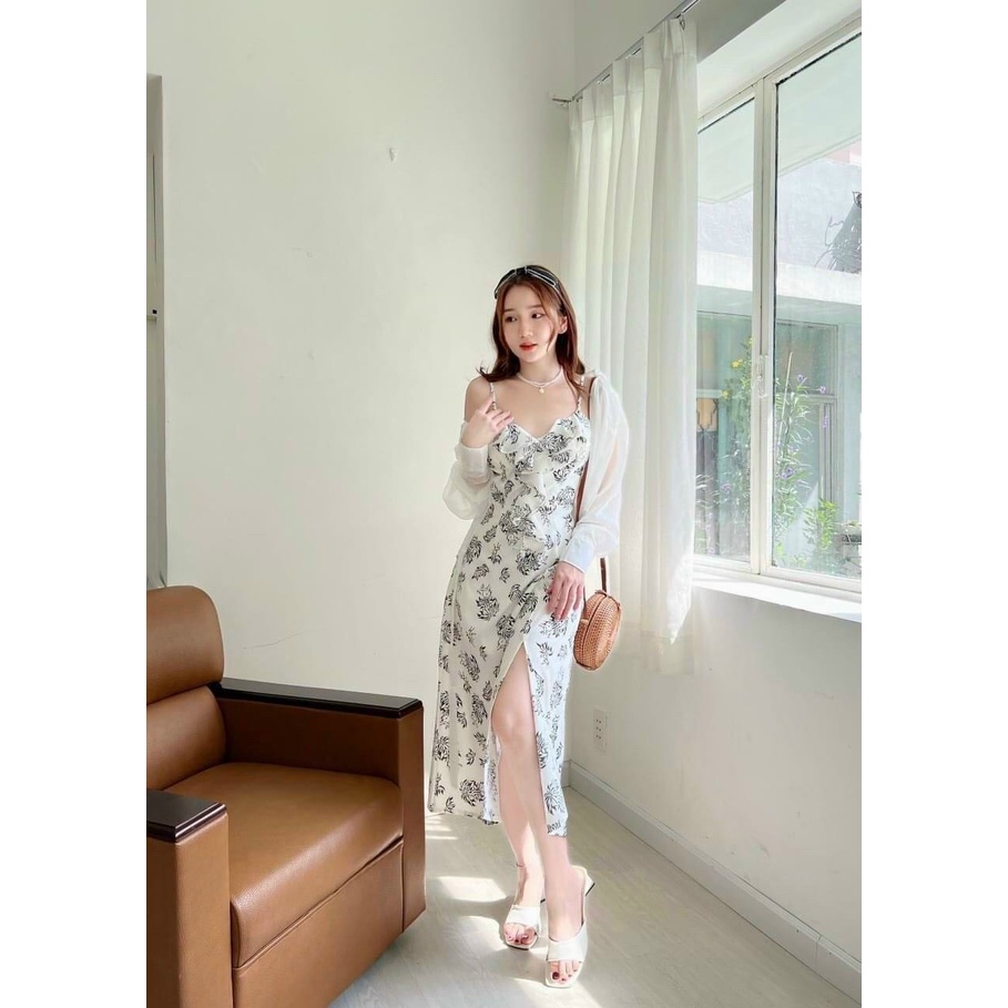 Set đầm midi họa tiết và áo khoác xinh xắn