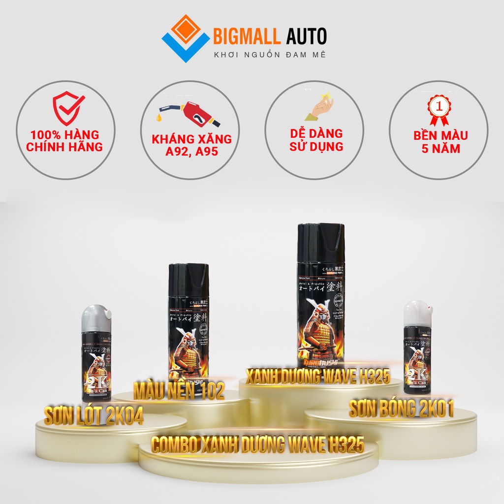 Combo Sơn Samurai màu xanh dương Wave H325 loại 2K chuẩn quy trình độ bền 5 năm gồm 4 chai 2K04 - 102 - h325 - 2K01
