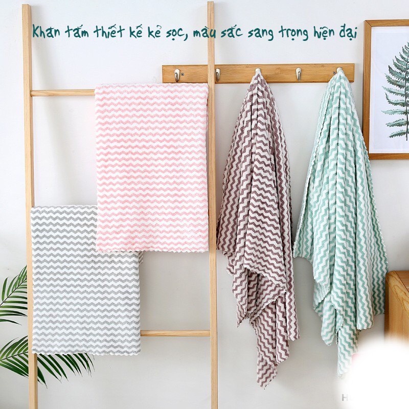 Khăn tắm kẻ sóng Hàn Quốc mềm mịn, Size 70 x 140cm
