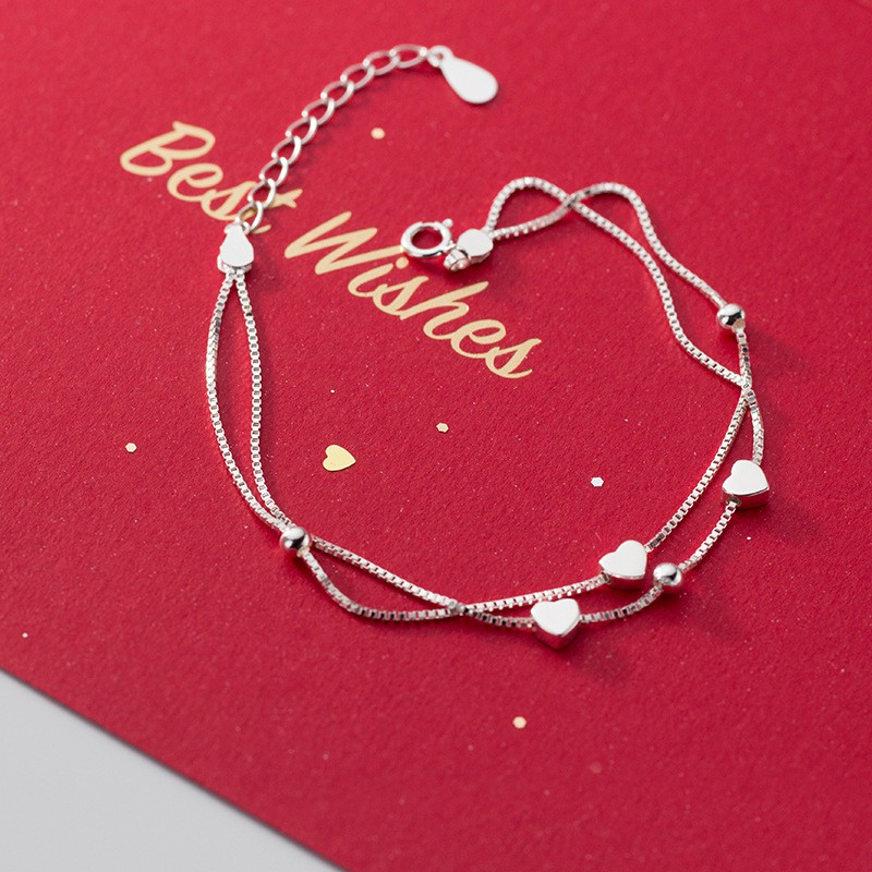 Lắc Tay Bạc Nữ S925 Italy Dây Kép Charm Trái Tim Xinh Xắn L2614 - Bảo Ngọc Jewelry