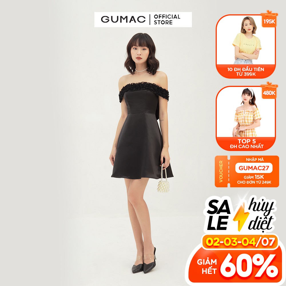 [Mã WABRGU72 giảm 10% tối đa 50k đơn 250k] Đầm dự tiệc bẹt vai GUMAC thiết kế nhấn vai quyến rũ, màu đen đủ size DB383