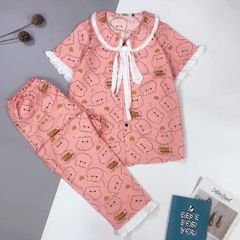 Bộ mặc nhà Cộc Dài kate thái phối ren xinh xắn Bộ ngủ pijama