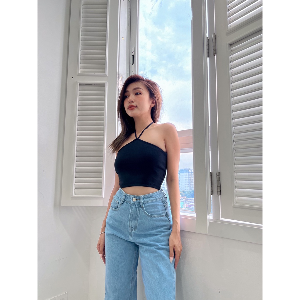 Áo Croptop Nữ Cổ Yếm Cột Dây Hoa Nhí FreesizeThun Gân LA BOUTIQUE