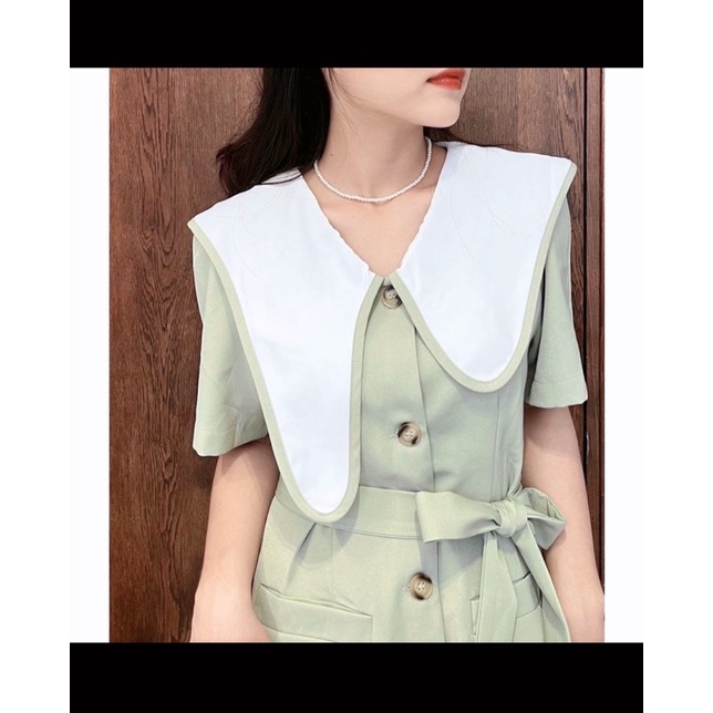 (SALE)Váy suông dáng bút chì màu xanh mint, cổ cách điệu, dây thắt luưng và 2 túi tiện lợi. Đầm tay ngắn có nút doc thân