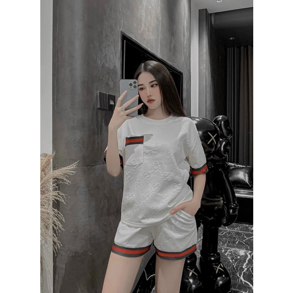 Sét bộ thời trang nữ mặc đi chơi chất dạ xốp in nổi cao cấp kèm ảnh thật áo cọc tay quần đùi in ggg
