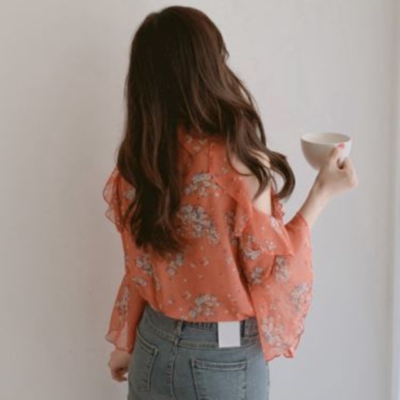 Áo Sơ Mi Trễ Vai In Hoa Xinh Xắn Cho Nữ 165684 Áo Sơ Mi Nữ Tay Dài Loe Họa Tiết Hoa Thời Trang