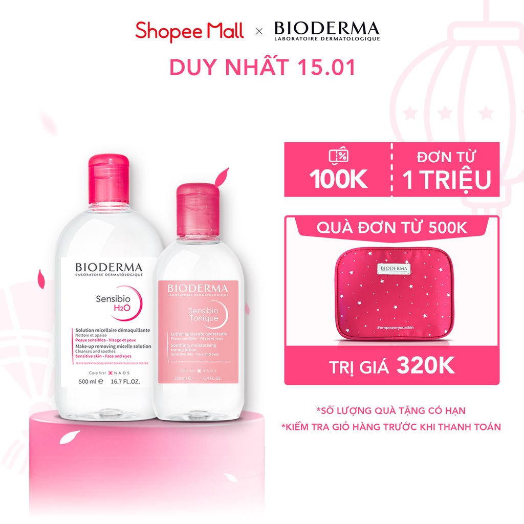 Bộ đôi nước tẩy trang làm sạch micellar cho da nhạy cảm Bioderma Sensibio H2O 500ml và dung dịch cân bằng, dưỡng ẩm 250m