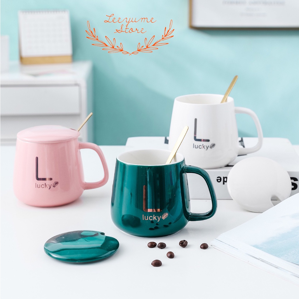 LY CÔC SỨ UỐNG CAFE, TRÀ CAO CẤP CÓ TAY CẦM KÈM NẮP VÀ THÌA VÀNG PHONG CÁCH HÀN QUỐC