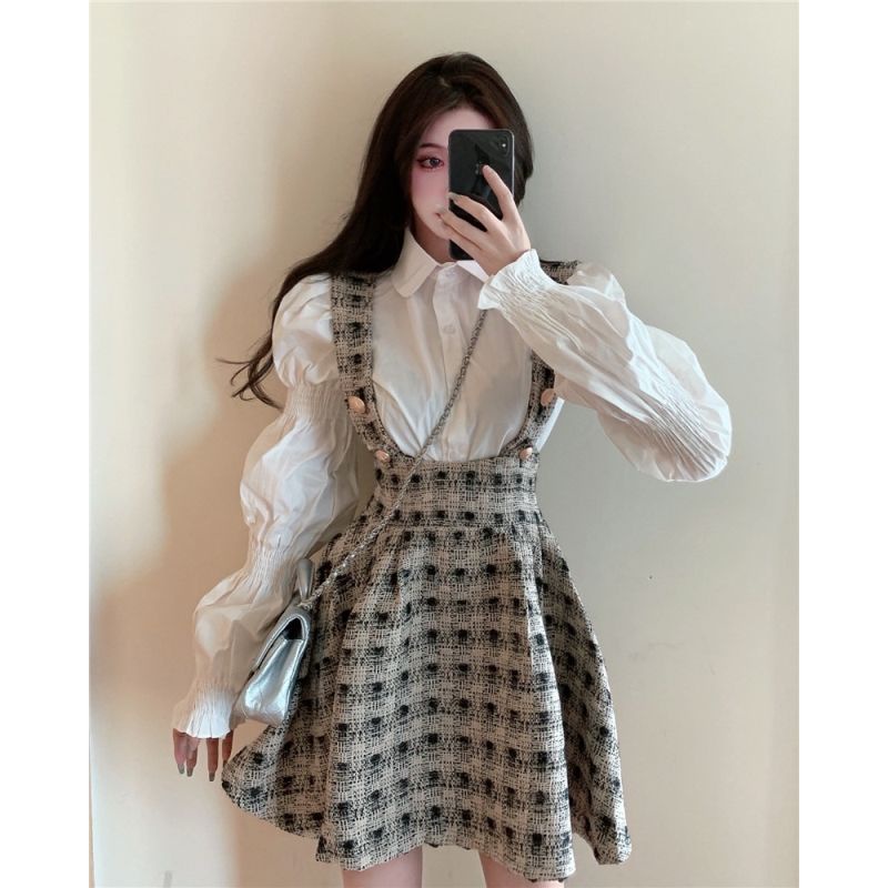 Set áo sơ mi và thân đầm dây họa tiết caro thời trang xuân thu 2021 (Có bán lẻ)