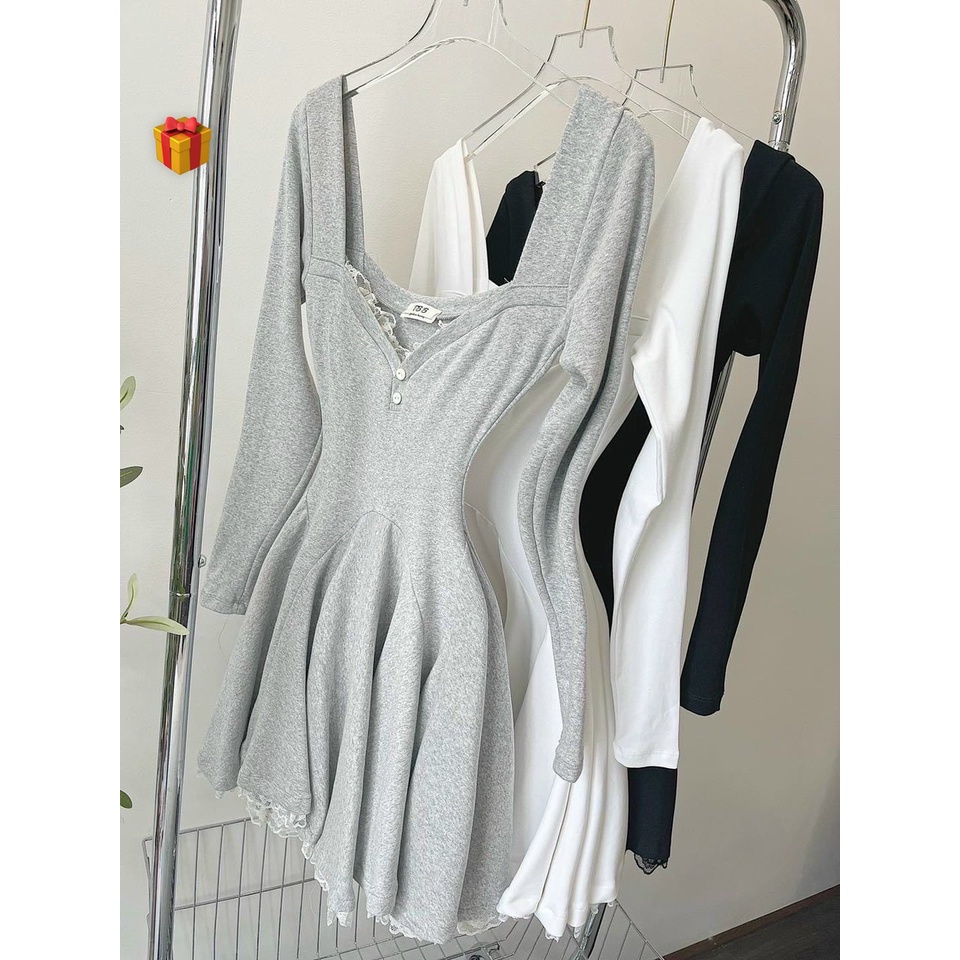 Đầm váy nữ kiểu tay dài cổ vuông dáng xoè nhẹ tiểu thư sang chảnh