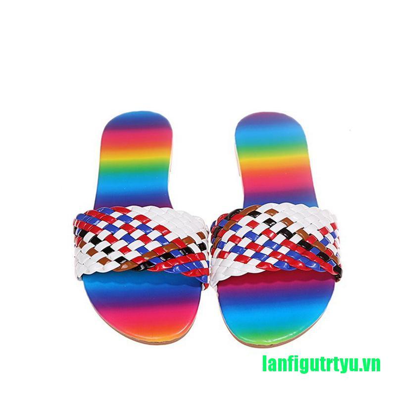 <trtyu>Women Multicolor Slippers Weave Flat Open Toe Slides Outside Beach Shoes