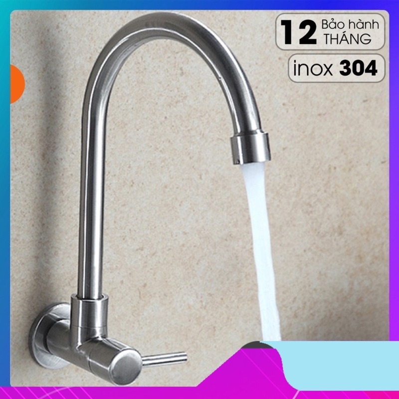 Vòi rửa bát chén inox 304 Cắm Tường cần Cứng Xoay 360 độ 1 Đường Nước