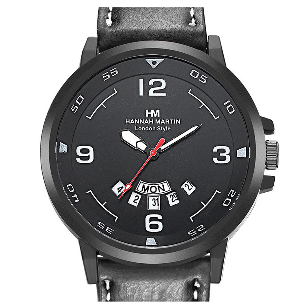 Men Sports Calendar Watch Analogue Quartz Watch with Leather Armband Water Resistant Wristwatch White
