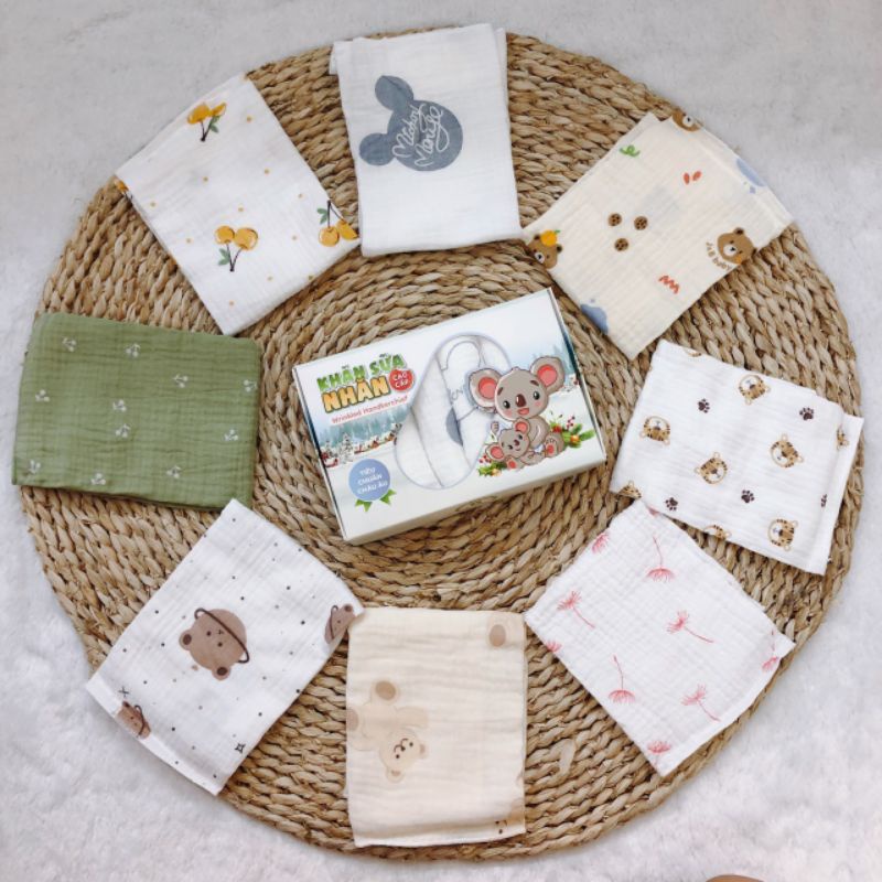Set 6 khăn sữa xô nhăn cho bé Mipbi 30x30cm họa tiết cao cấp - Monnie Kids