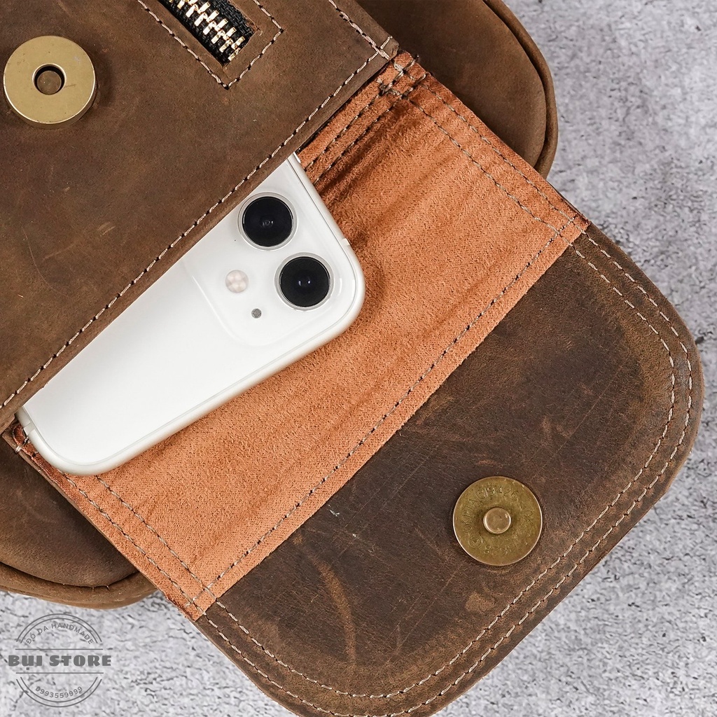 Túi đeo chéo da bò nguyên miếng Handmade, Túi bao tử nam nữ da bò sáp ngựa điên BH da 10 năm - Bụi Store