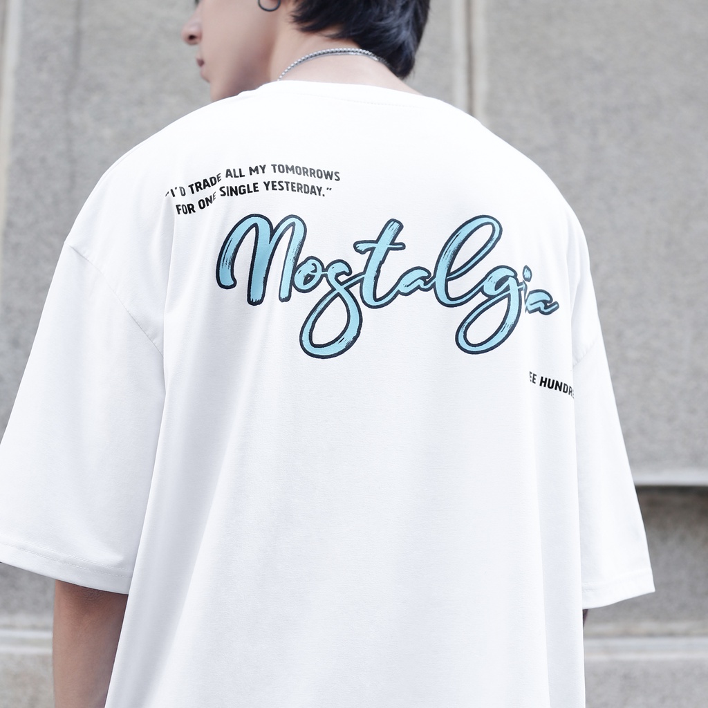 Áo Thun Màu Trắng In Chữ Nostalgia Màu Xanh Chất Liệu 100% Cotton Form Rộng Thoải Mái Unisex Nam Nữ