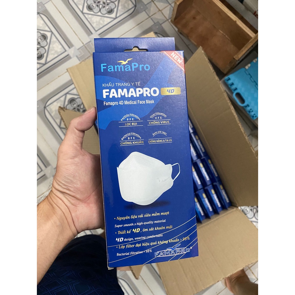 Hộp 10 Khẩu Trang Y Tế Cao Cấp Kháng Khuẩn 3 Lớp Famapro 4D Chính Hãng