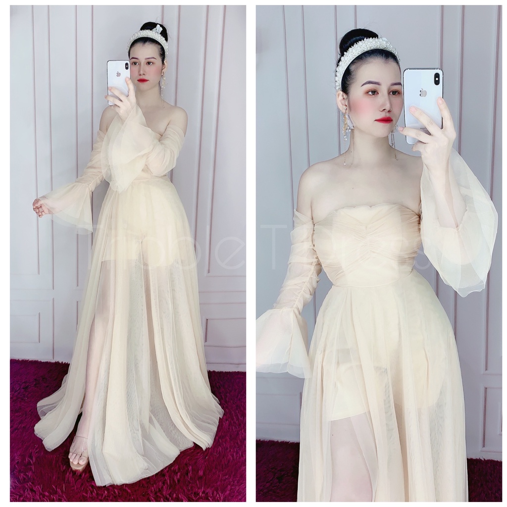 Đầm maxi dự tiệc tay loa xẻ đùi trễ vai lưới TRIPBLE T DRESS - size M/L - MS246V
