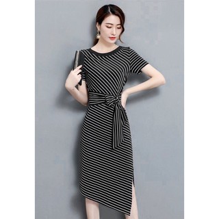 ĐẦM ÔM THUN SỌC PHỐI REN CỘT NƠ EO