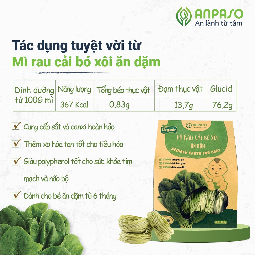 Mì Ăn Dặm Cho Bé Rau Củ Hữu Cơ Organic Cải Bó Xôi Anpaso từ 7 tháng bổ sung chất xơ, vitamin, cải thiện táo bón 300g