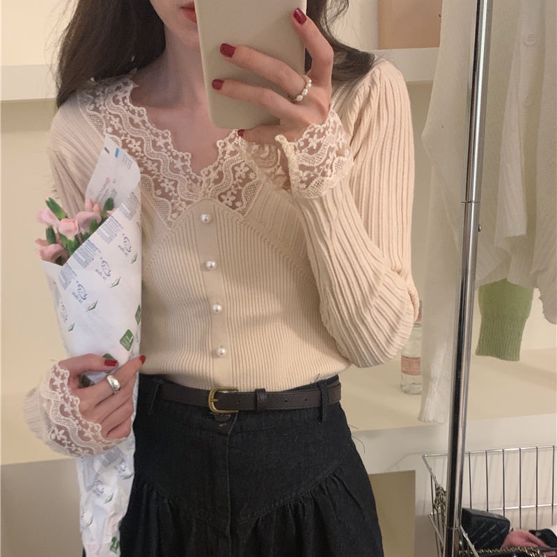 SUXI Áo Dệt Kim Tay Dài Màu Sắc Trơn Dáng Ôm Phối Ren Phong Cách Hàn Quốc Thời Trang Cho Nữ