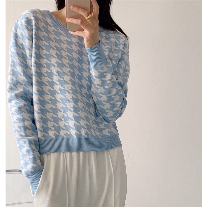Áo len tay dài cổ tròn họa tiết Houndstooth phong cách Hàn Quốc