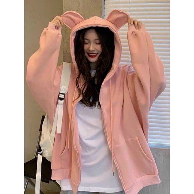 Áo Khoác Nỉ Trơn Tai Gấu 🐻 Xanh Dương và Hồng 🐻Nón Rộng cute Áo hoodie Form Rộng Ulzzang dáng Sweater