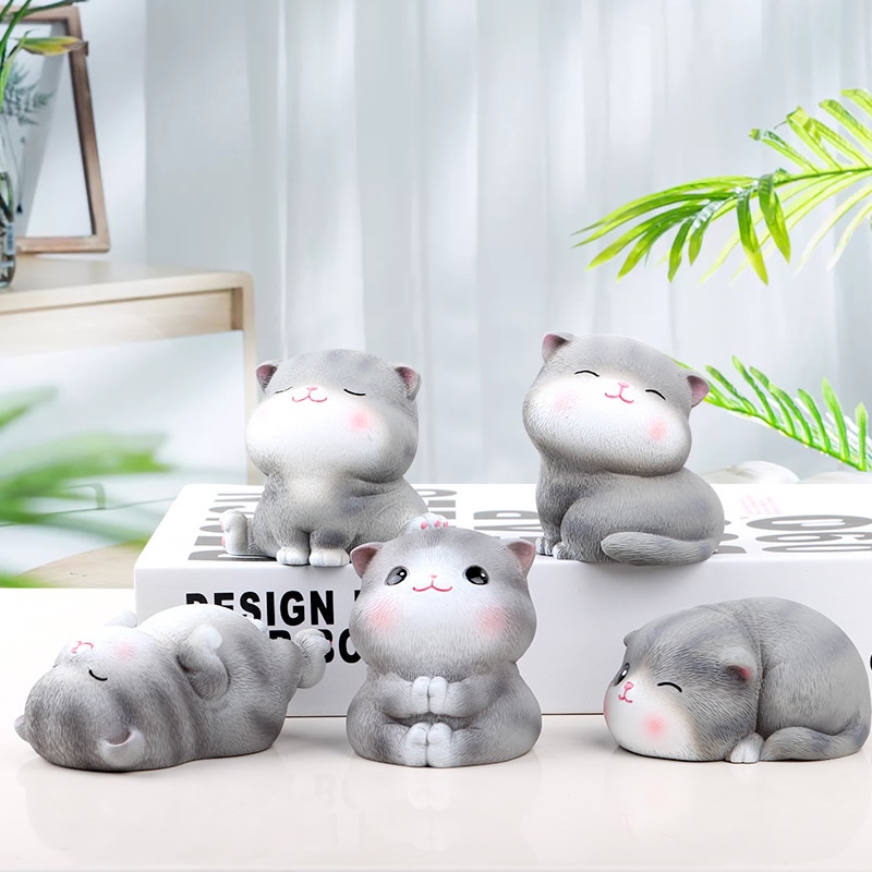 Set mô hình 5 mèo con SOUVENIRS, mô hình mèo mini để bàn màu xám full biểu cảm đáng yêu dễ thương cute