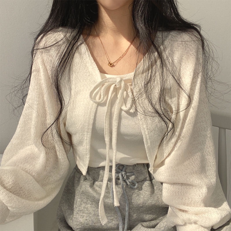 Áo Cardigan Mỏng Tay Phồng Ngắn Cột Dây Kiểu Retro Hàn Quốc Dễ Phối Đồ Thời Trang Mùa Hè