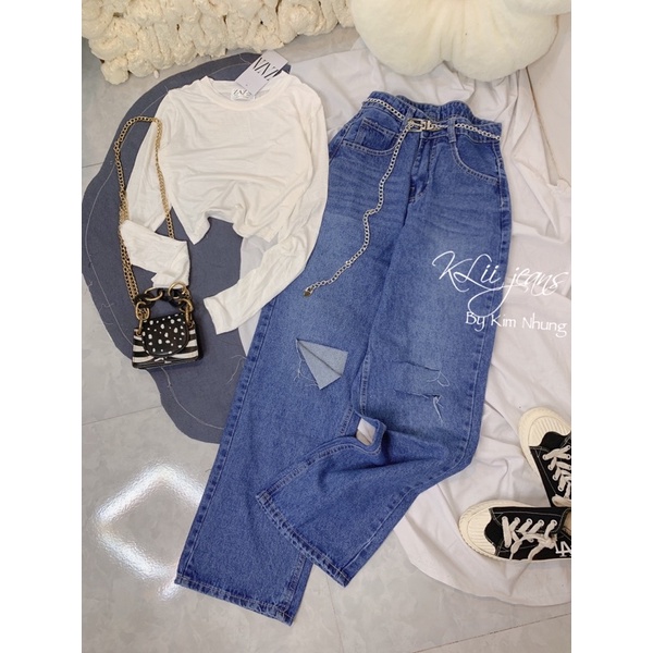 Quần suông jeans rách Cá tính- xinh đẹp(k kèm nịt)
