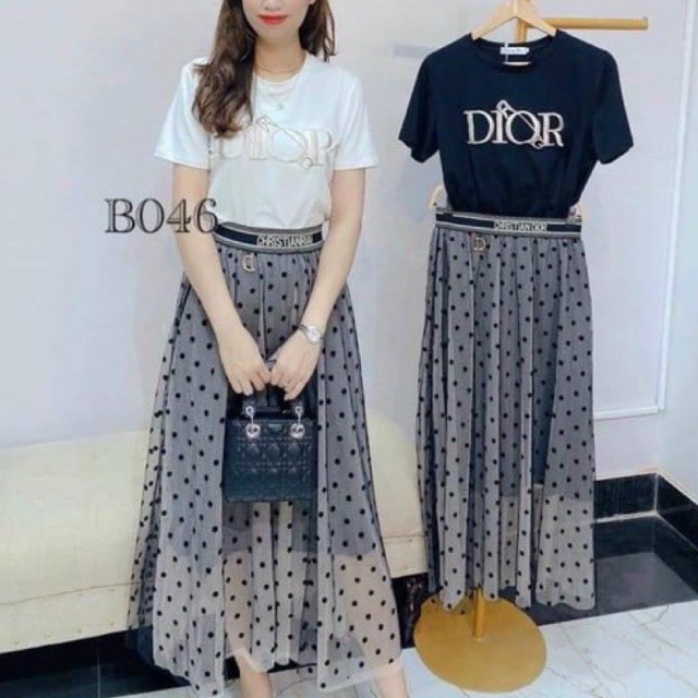 Chân váy voan tơ dài chấm bi cạp chữ DO hai lớp siêu đẹp L1