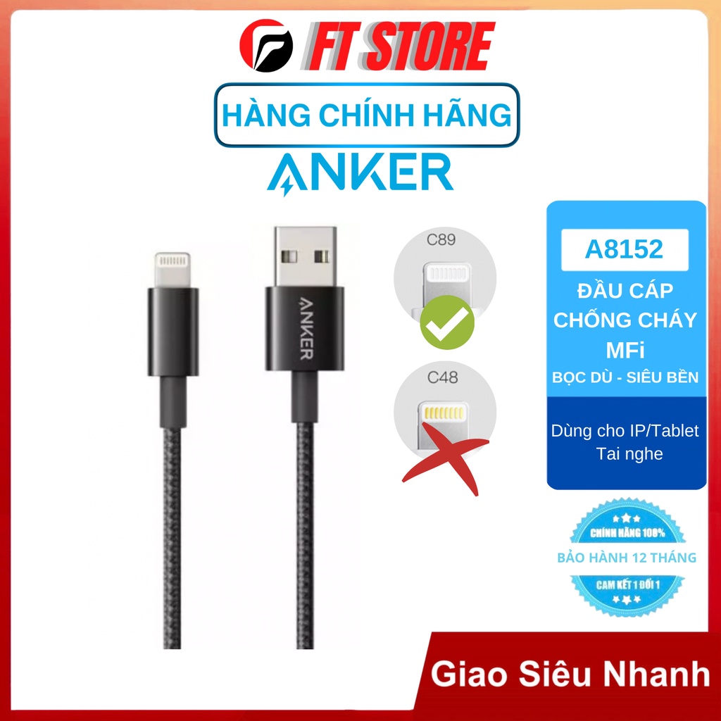 Cáp sạc Anker usb A to 0.9m MFI A8152 bọc dù cho ip/tablet táo (chip mới chống đen chân sạc C89)